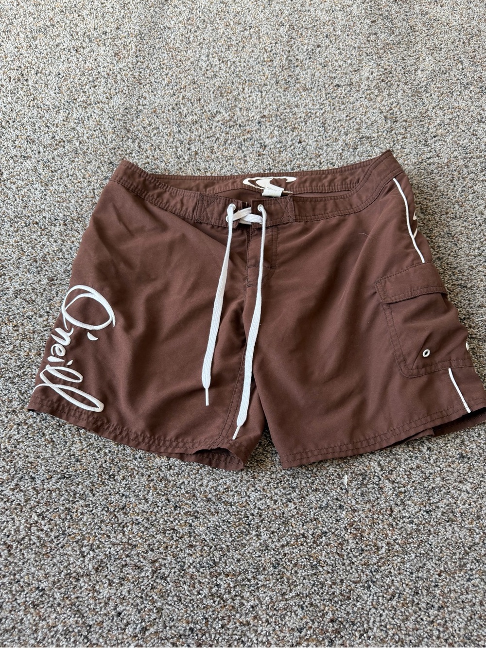 O'Neill Womens Size 7 Brown White Board Shorts Y2K Surf Cargo Swim Beach